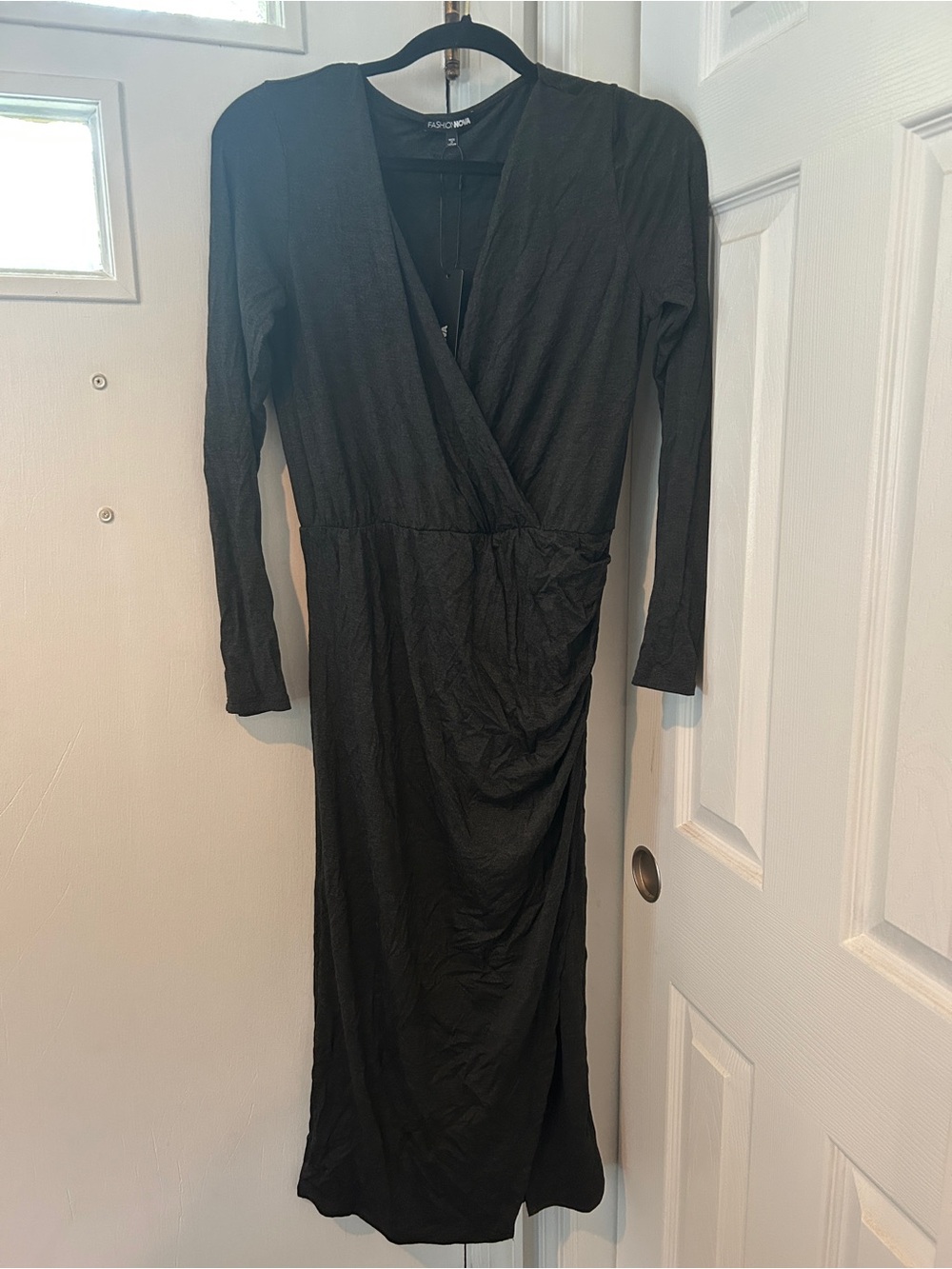 Fashion Nova Black Long Sleeve Wrap Midi Dress with Side Ruching